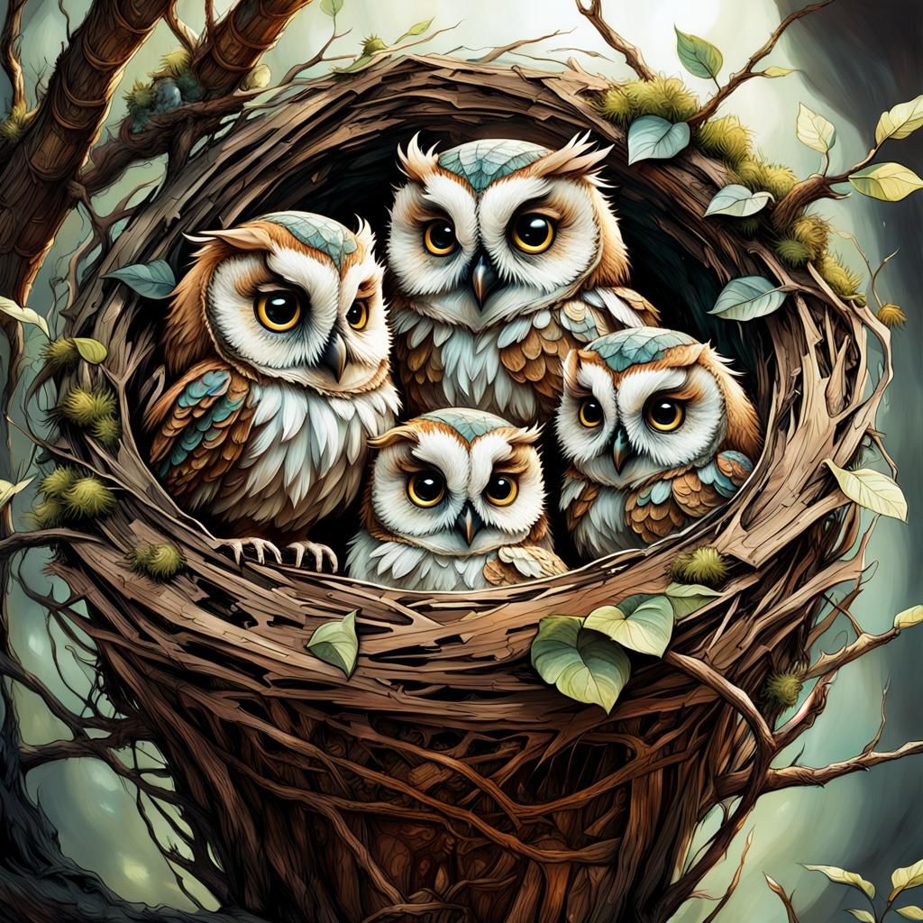 Chibi Owl Family in Nest: Detailed Fantasy Art