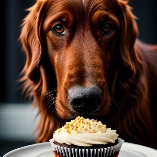 Hyperrealistic Irish Setter Eating a Cupcake