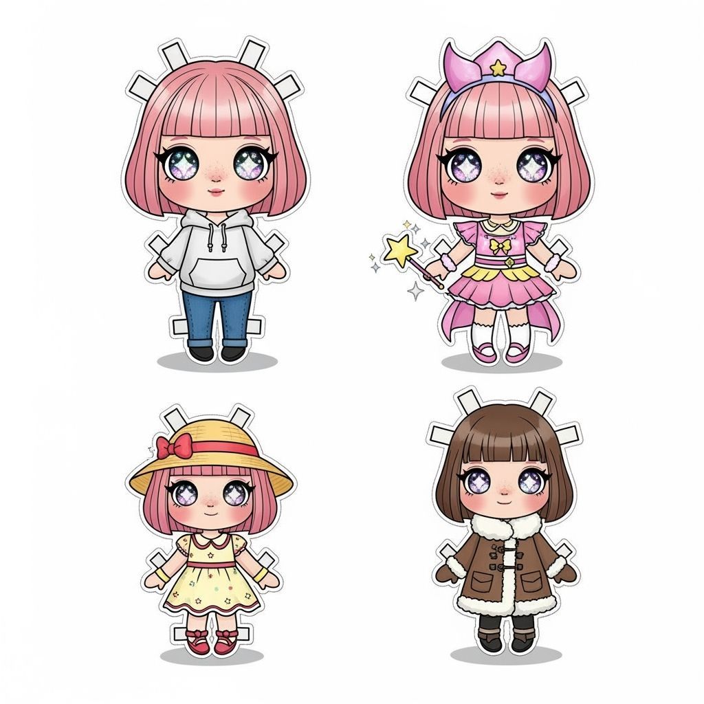 Kawaii Paper Doll with Interchangeable Outfits