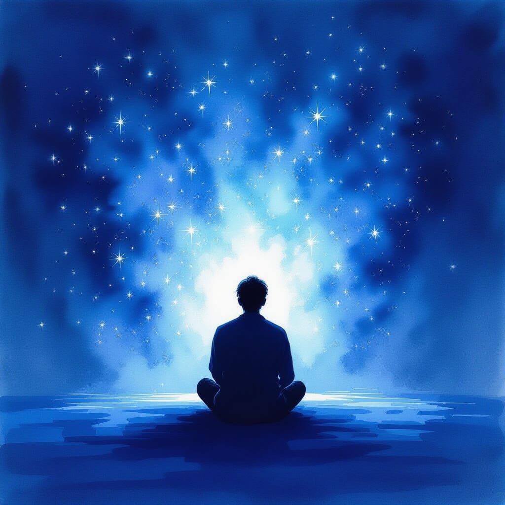 Anonymous Figure in Sparkling Light, Indigo Watercolor Style