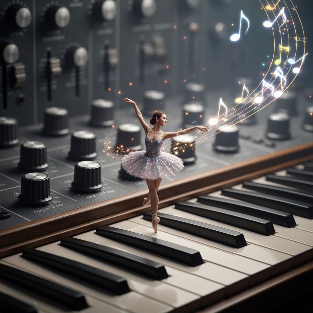 Miniature Ballerina Dancing on Antique Synthesizer