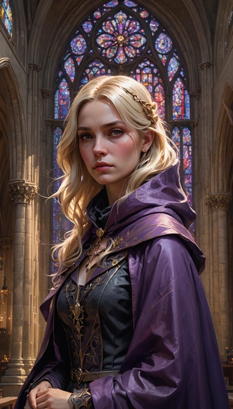 Blonde Woman in Gothic Cathedral: Hyperdetailed Portrait