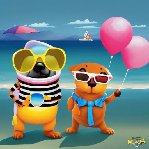 Anthropomorphic Animals' Beach Day in Pop Art Style