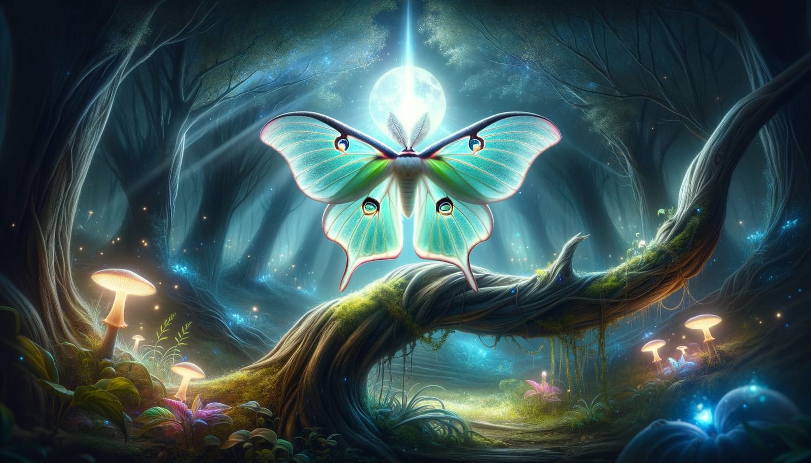 Glowing Luna Moth in Mystical Forest Scene