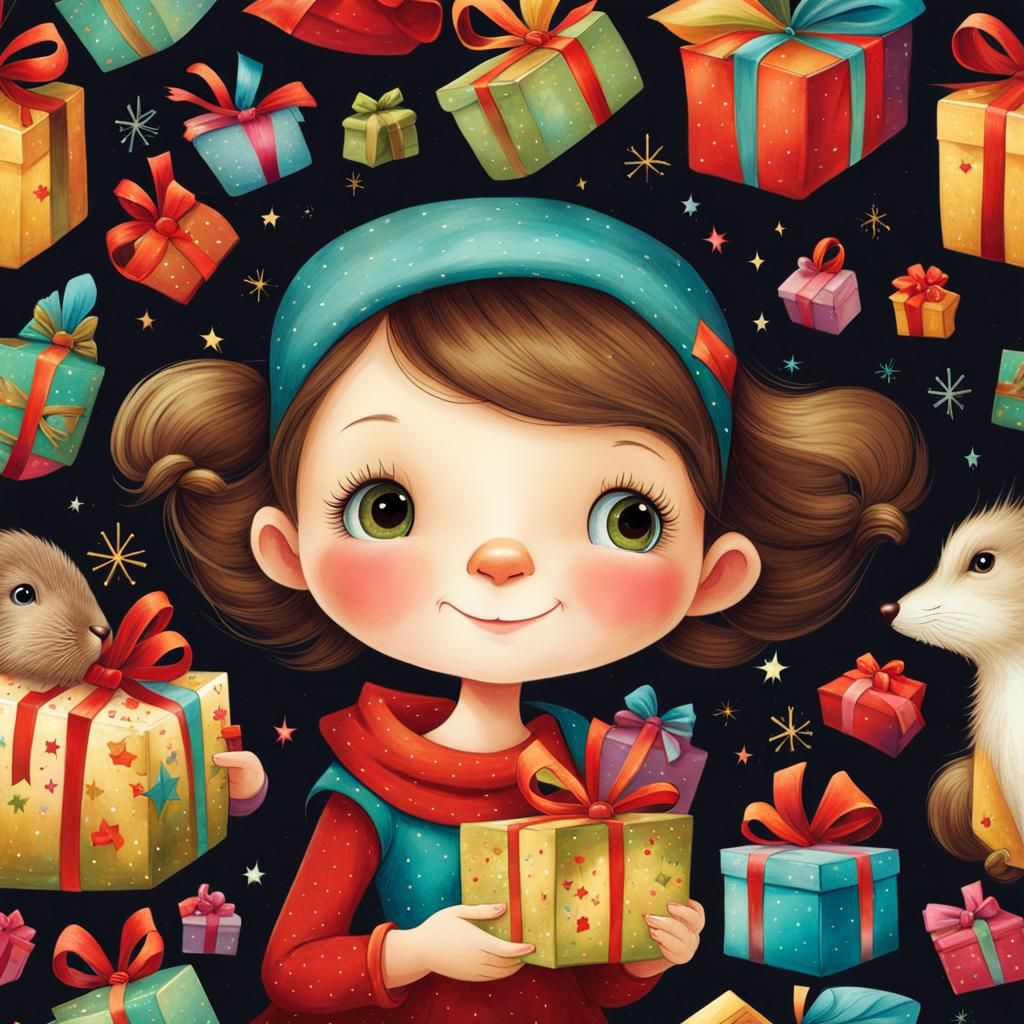 Joyful Girl with Christmas Gifts, Children's Book Illustrati...