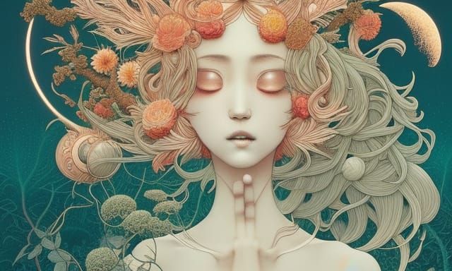 Surreal Woman in Sun and Moon Flower