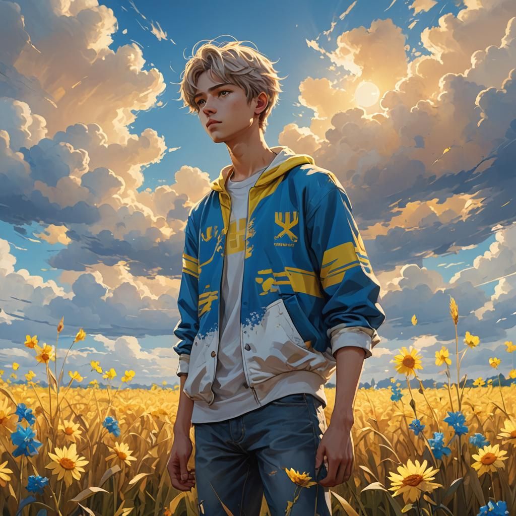 Anime Boy Represents Ukraine in Vibrant Field
