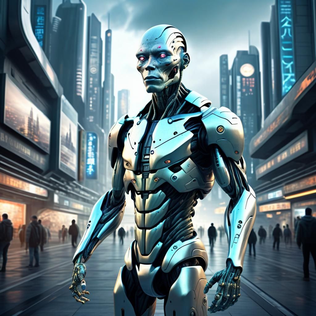 Hyperrealistic Alien Cyborg in Sci-Fi Cityscape