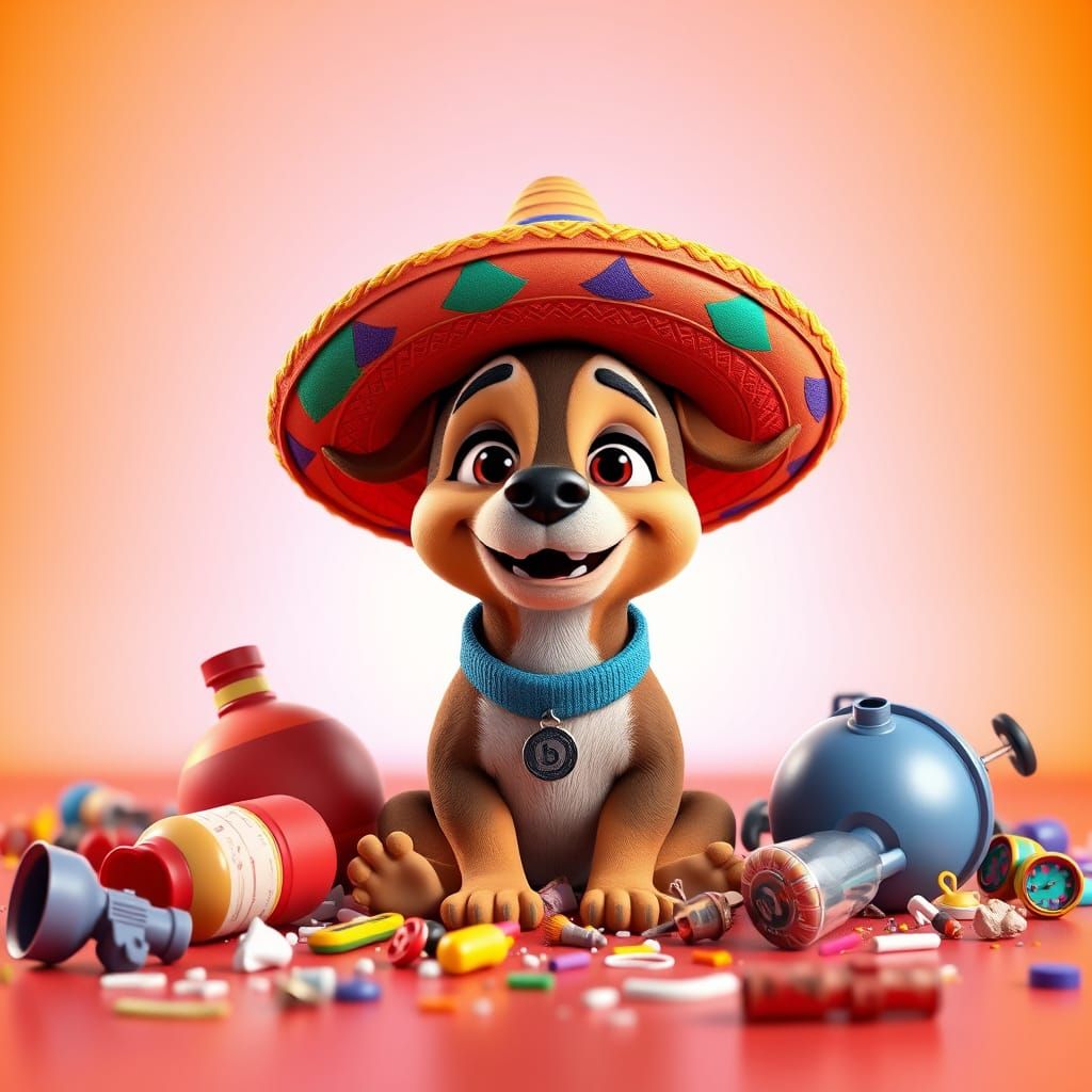 Cartoon Chihuahua in Sombrero Surrounded by Mess
