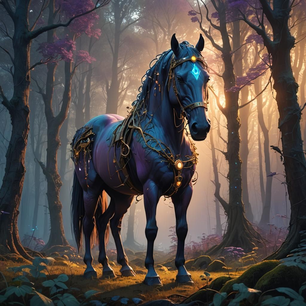 Majestic Runed Horse in Mystical Forest