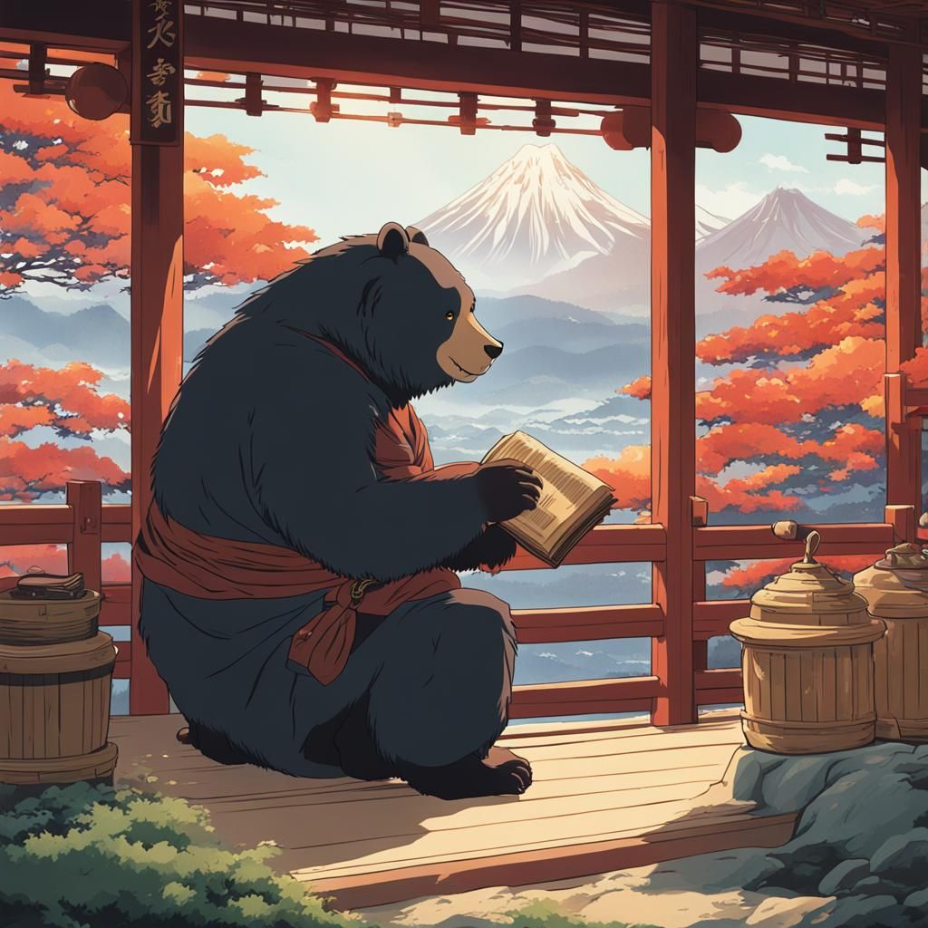 Monk Bear in Ukiyo-e Style, Ghibli-esque Anime