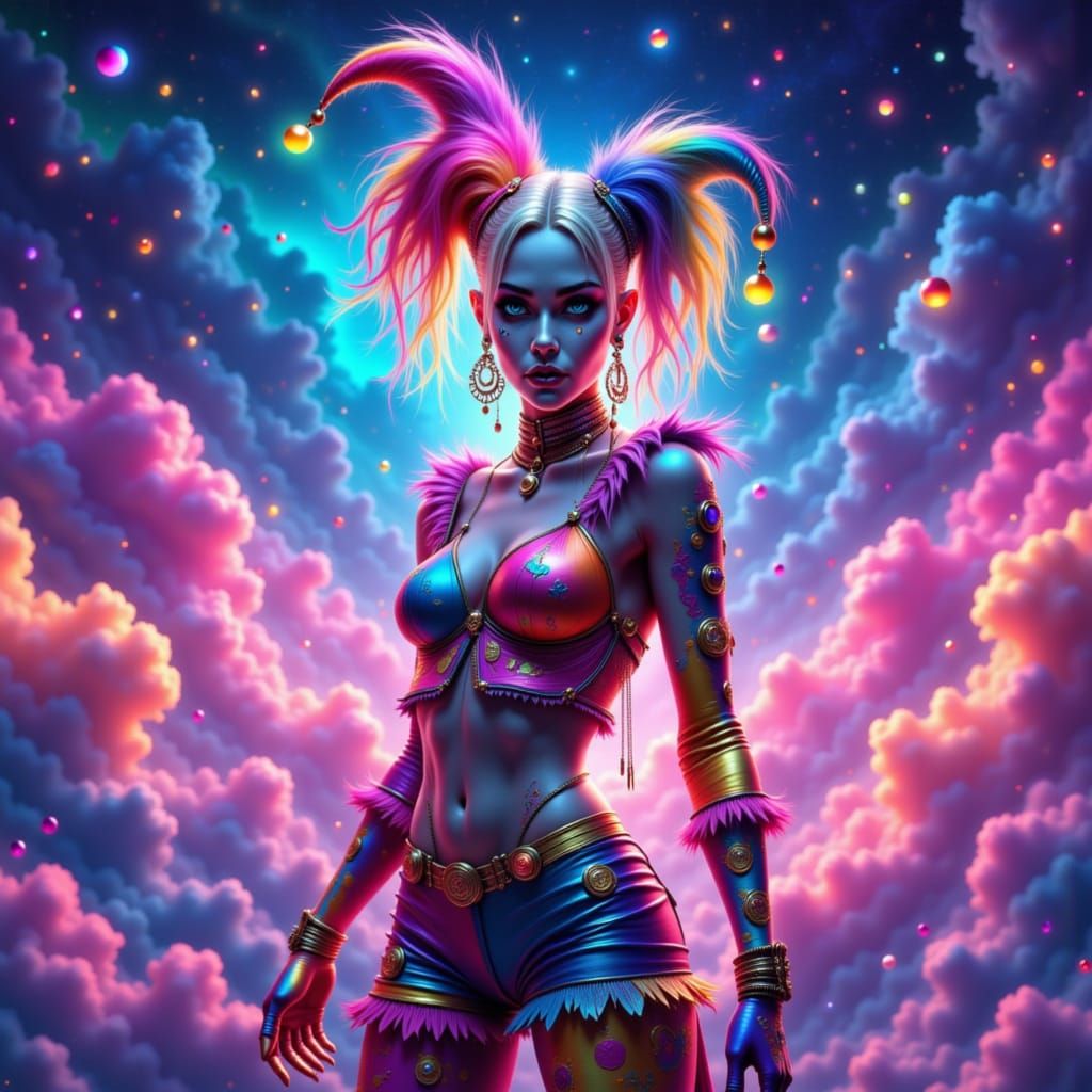 Harley Quinn in Astrological Jester Outfit, Digital Art