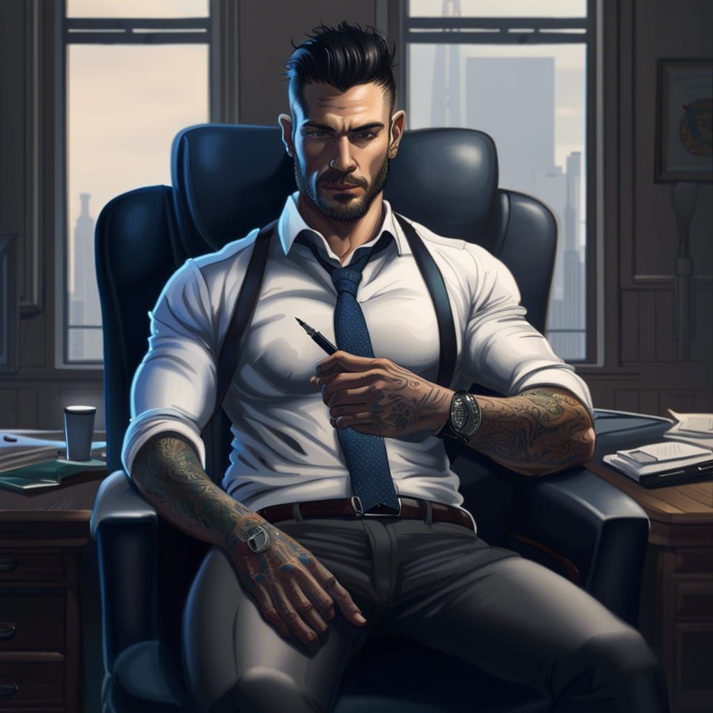 Tattooed Man with Abs in Executive Office
