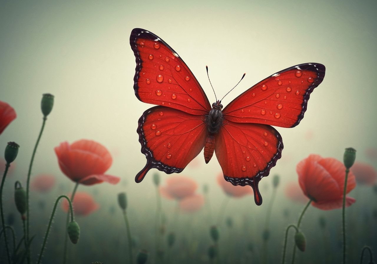 Red Butterfly in Poppy Field, Photorealistic Image