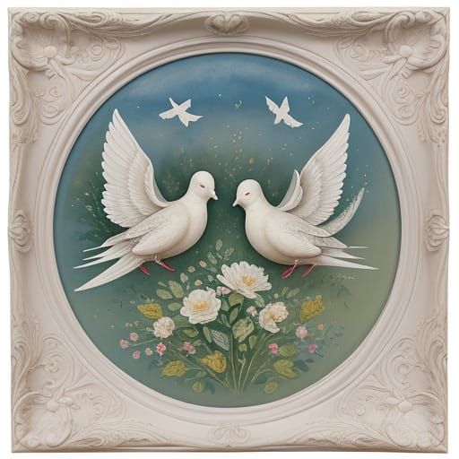 Whimsical Doves in 19th-Century Gouache Style