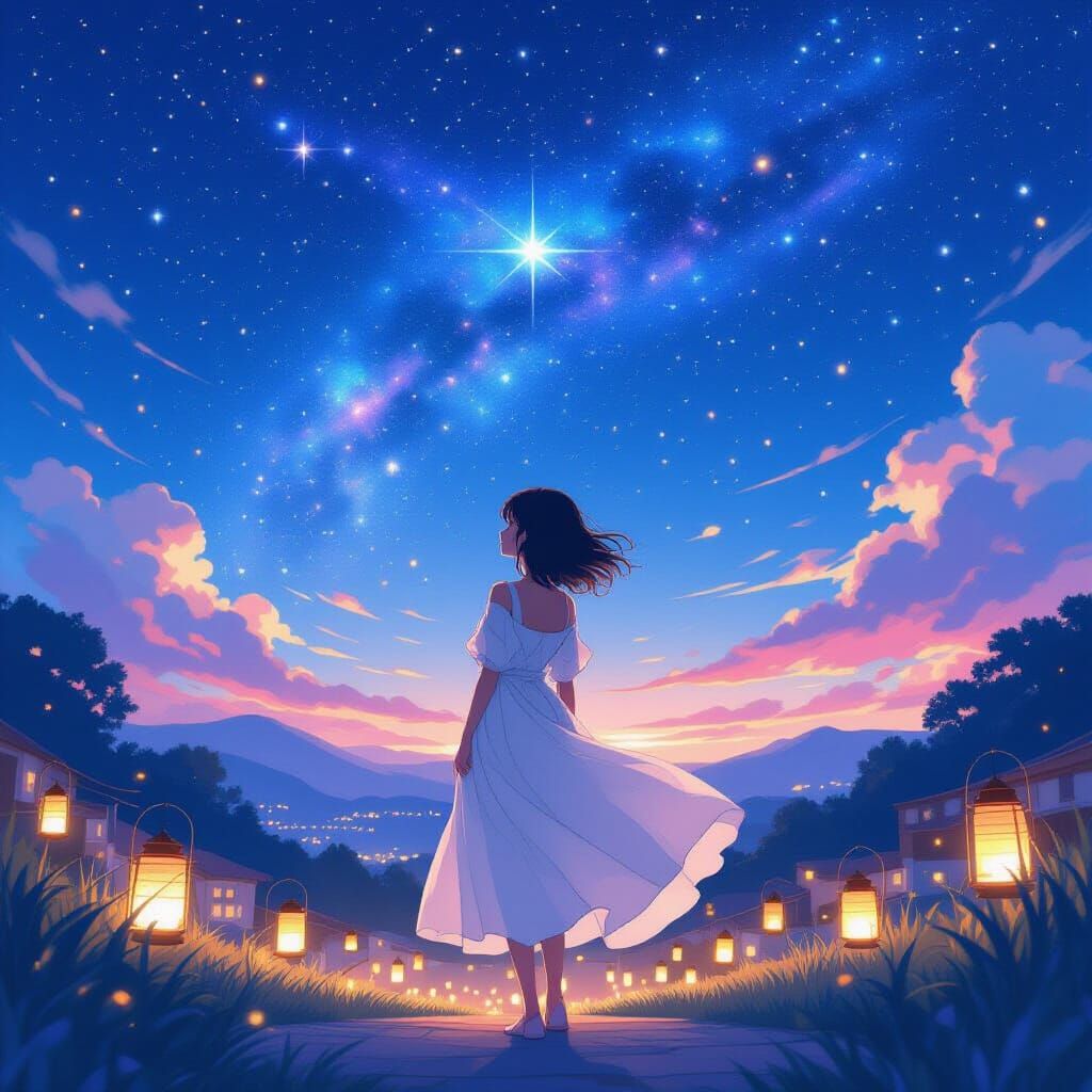 Dreamy Anime Girl Under Starry Sky with Lanterns