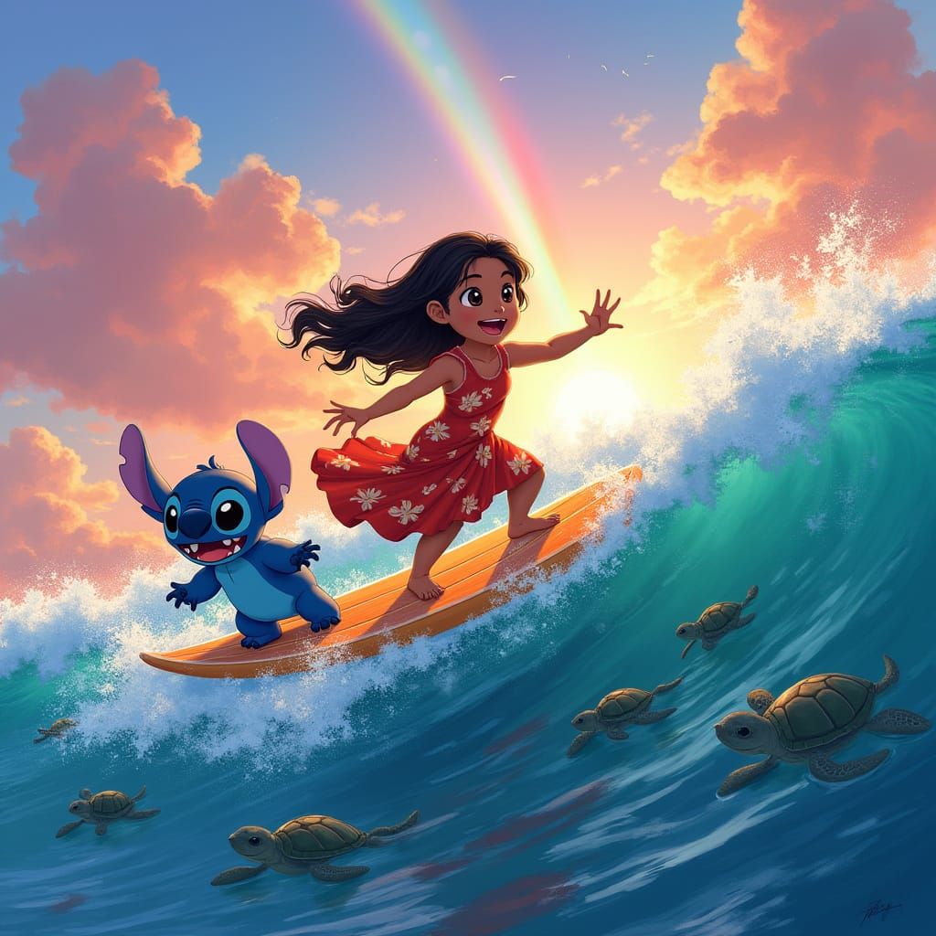 Lilo and Stitch Surf Under a Hawaiian Sunset