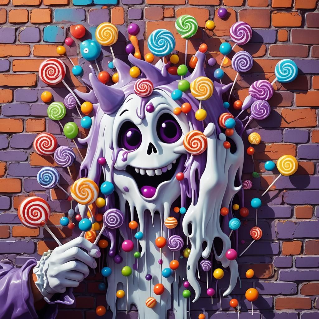 Spooky Candy Ghost Emerging from Lollipop Wall