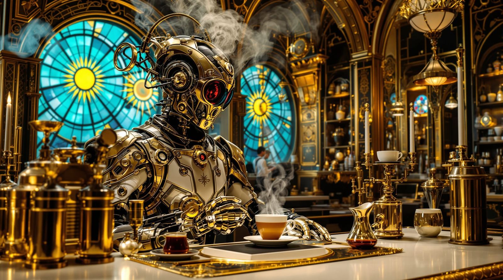 Retro-Futuristic Café Gravité with Automaton Barista