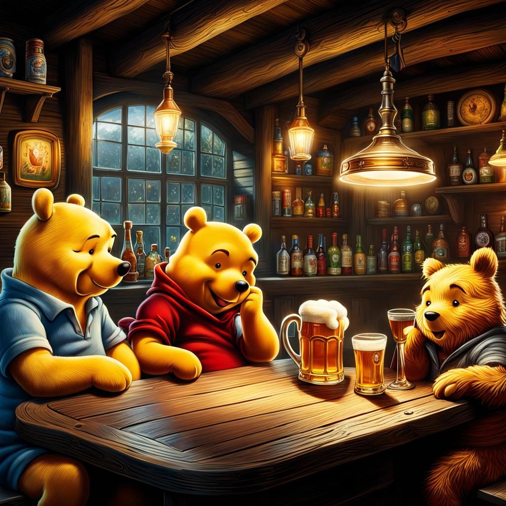 Winnie the Pooh with friends drinking beer in a tavern
