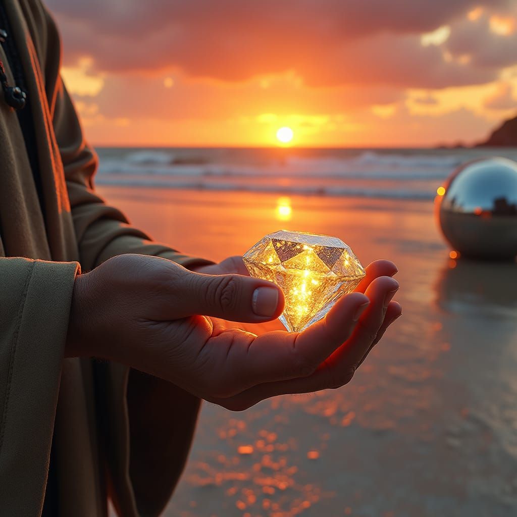 Diamond in Hand Reflected by Chrome Sphere: Matte Painting