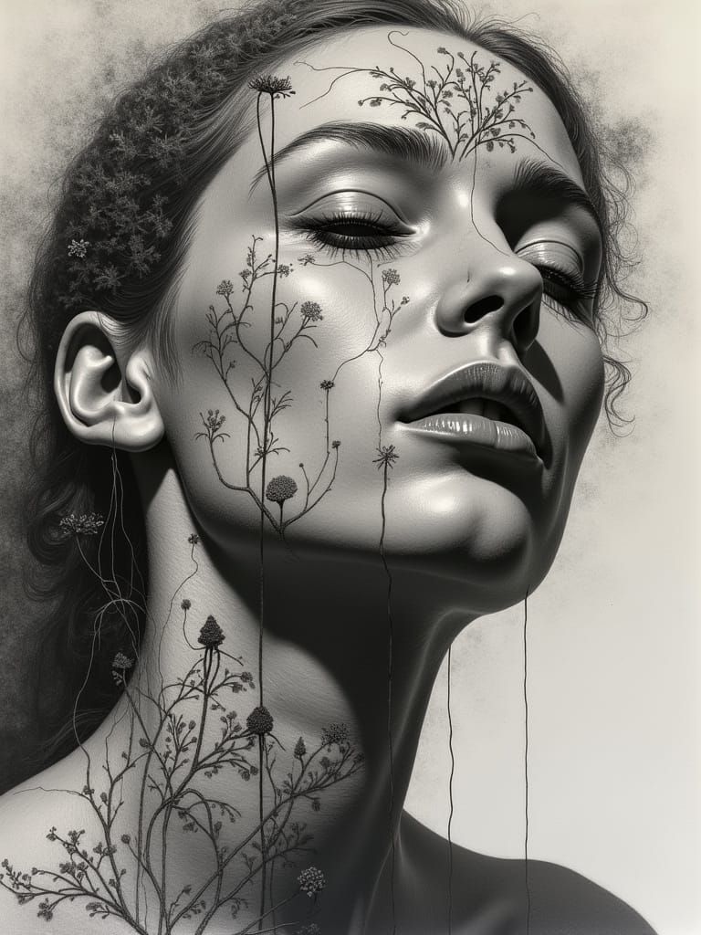 Surreal Human-Vegetal Portrait in Charcoal