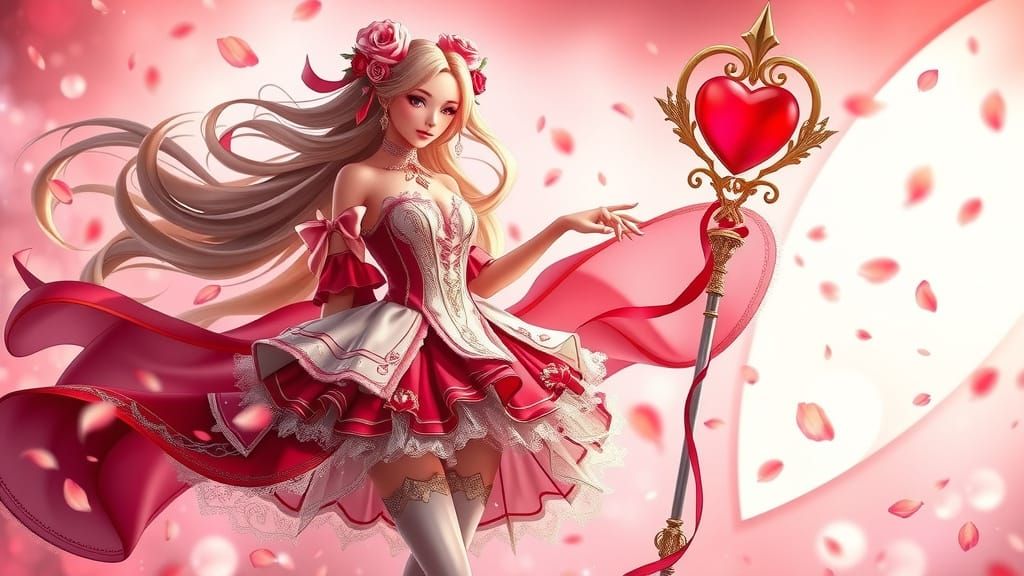 Magical Woman with Heart Staff in Dreamy Setting