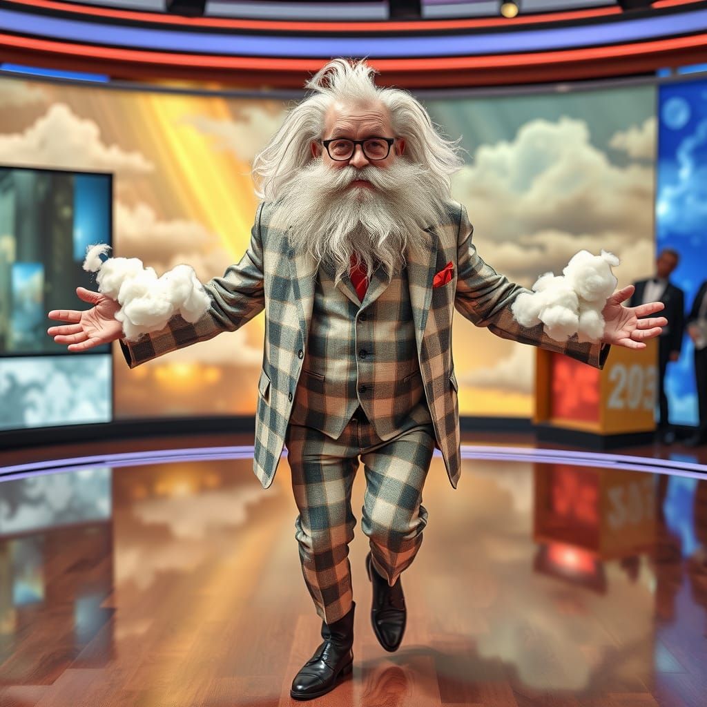 Eccentric Man with Cloud Beard in News Studio