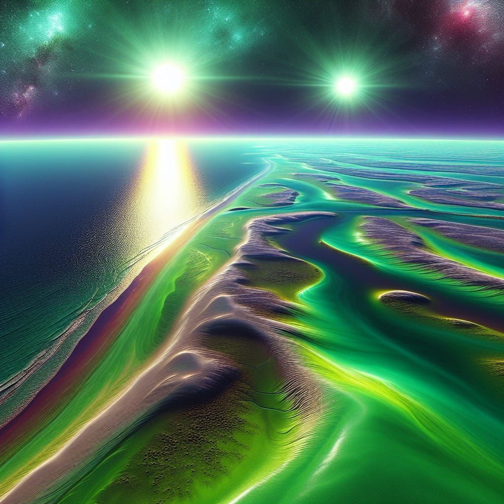 Alien Beach with Emerald Sand and Twin Suns