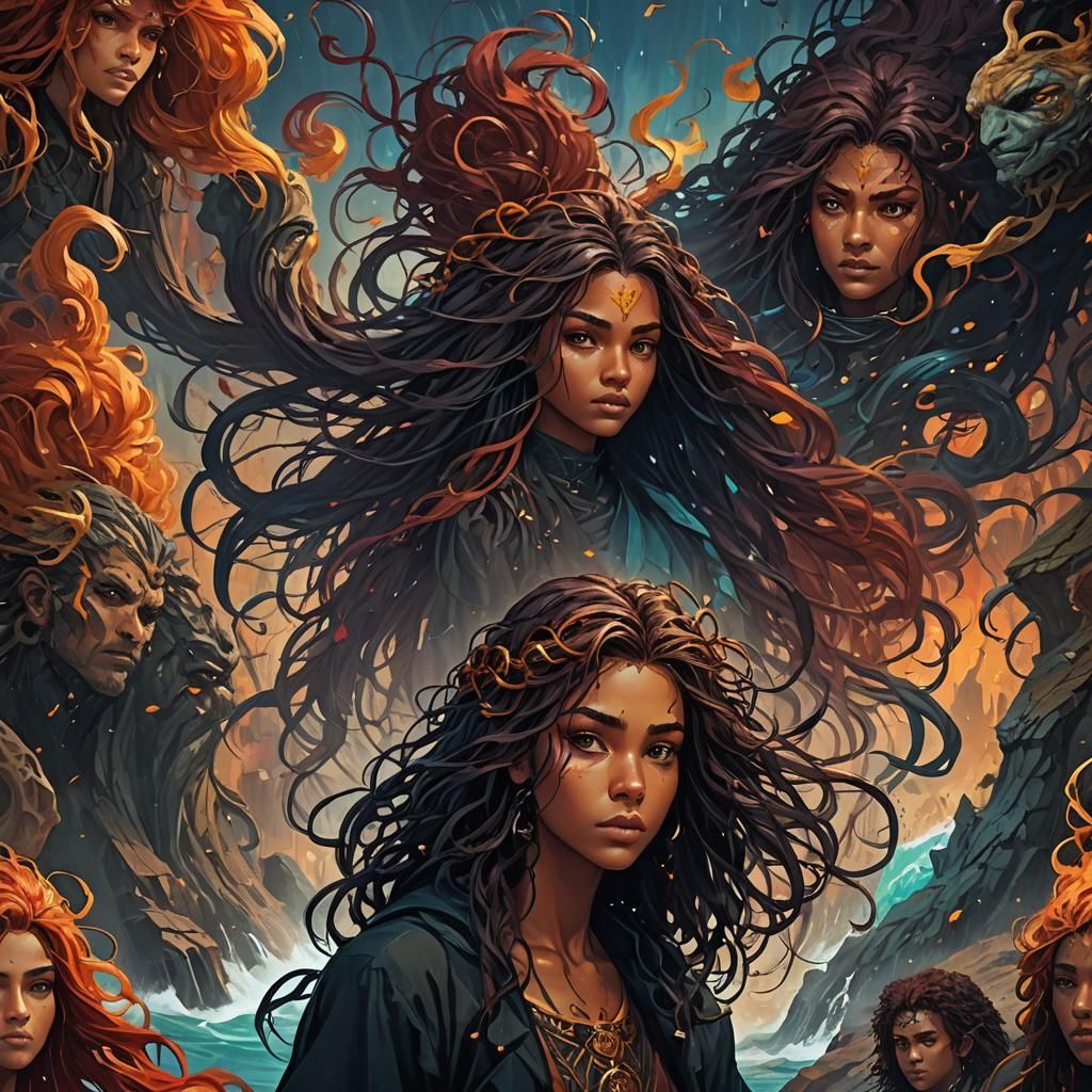 Young Sorceress Controls Elements in Fantasy Landscape