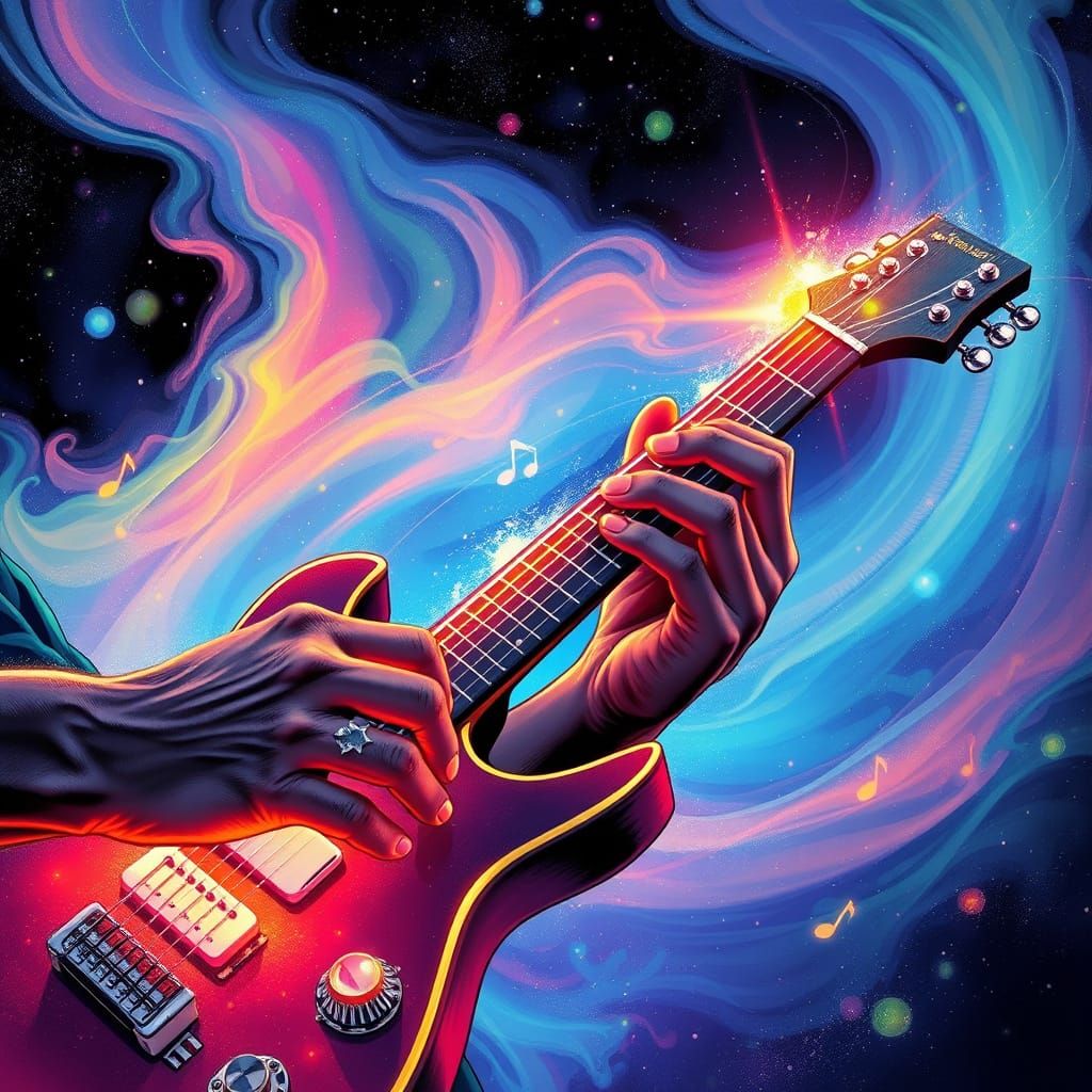 Guitarist Enveloped in Vibrant, Melodic Light