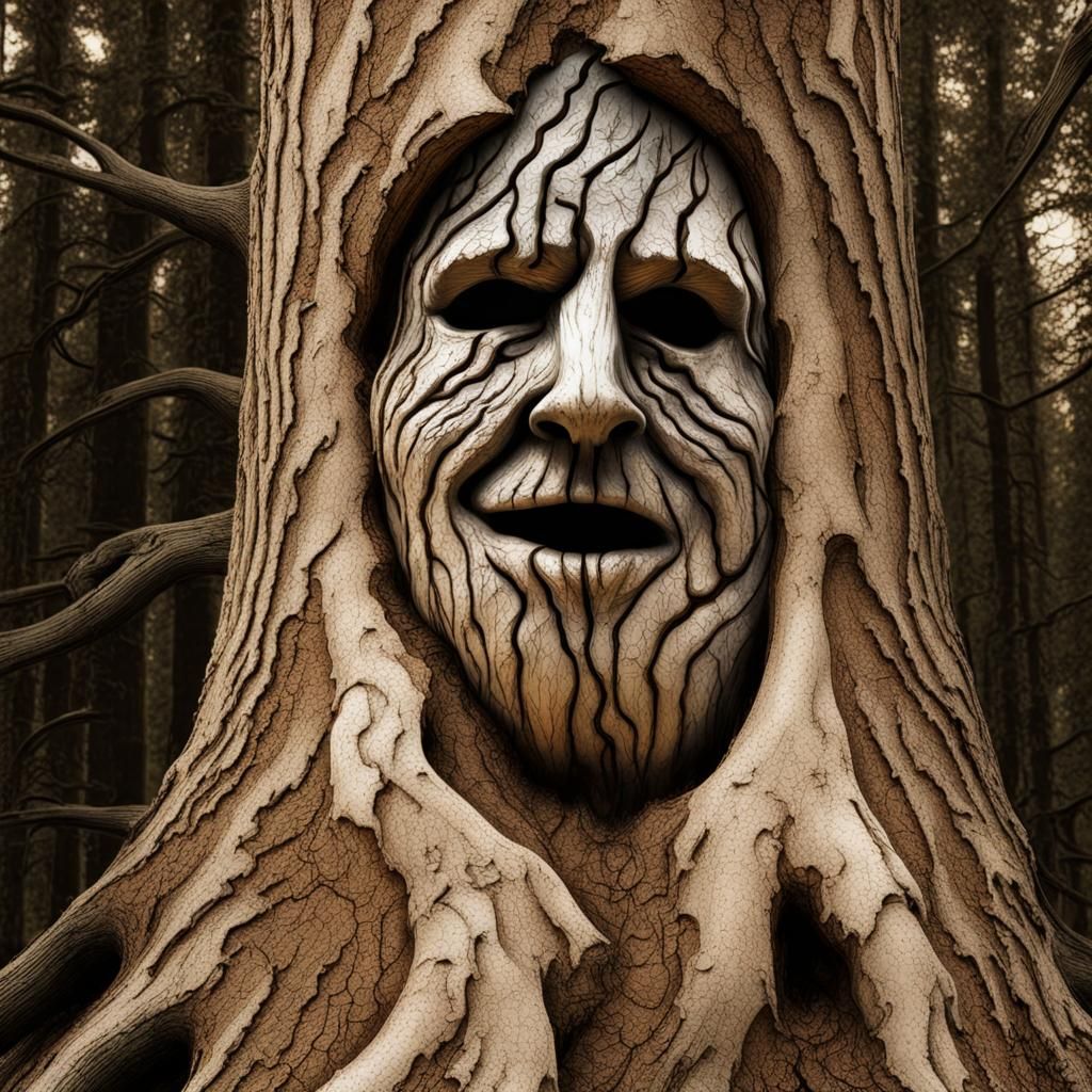 Haunted Forest: Petrified Face in Twisted Oak