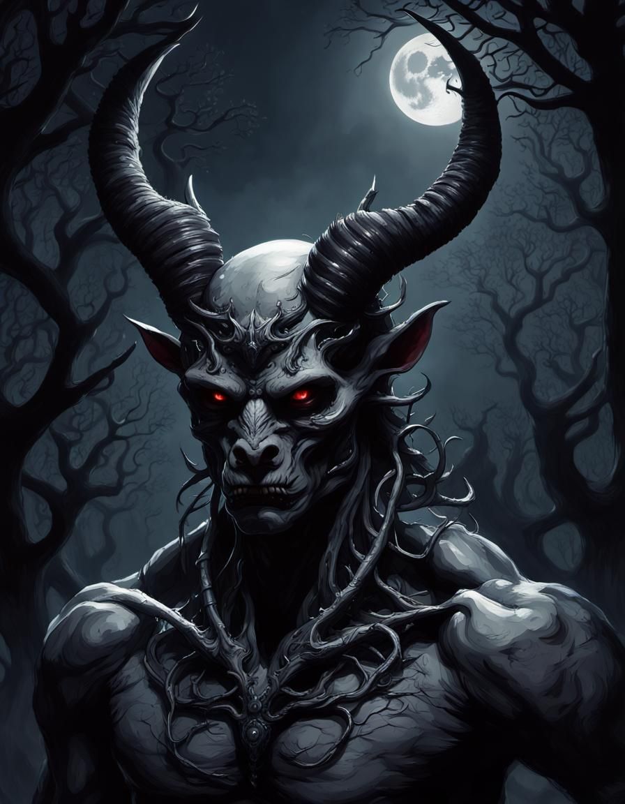 Nightmarish chiaroscuro of a dark, sinister humanoid beast with a crown of intricate bony horns upon his bald head who l...
