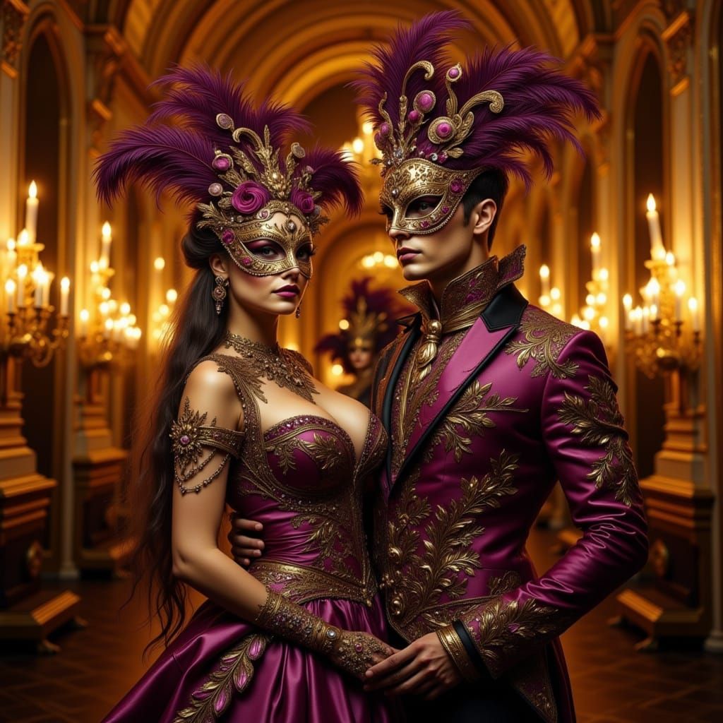 Royal Masquerade Ball Couple in Gilded Castle