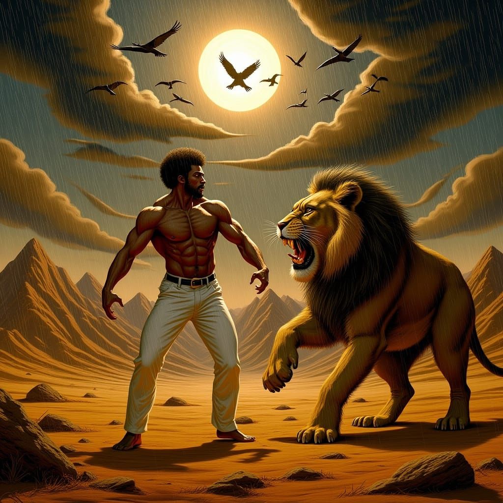 Warrior Battles Lion in Desert Storm, Frazetta Style