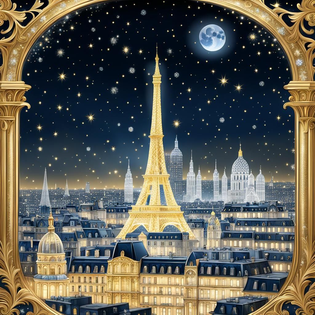 Paris Cityscape at Midnight in Rococo Style