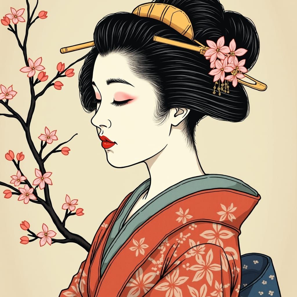 Geisha in Cherry Blossoms: An Ukiyo-e Portrait