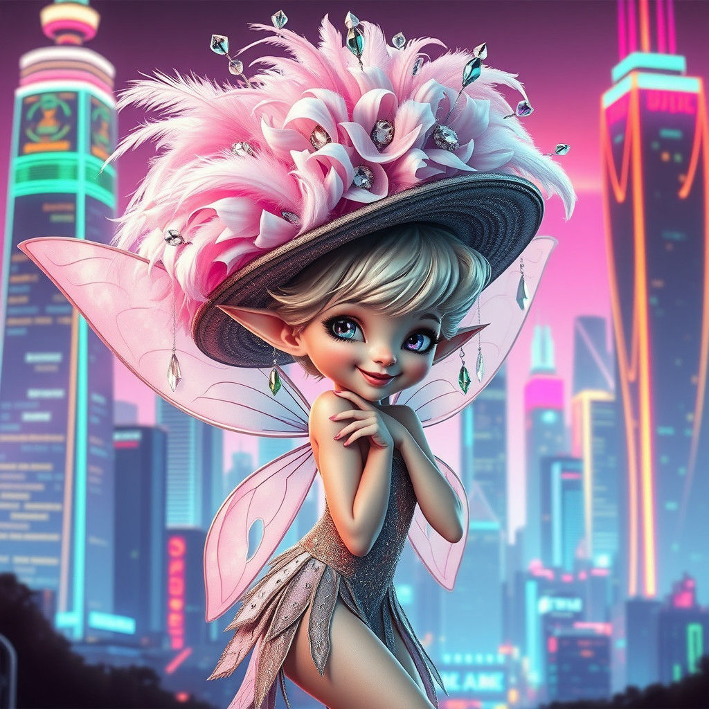 Neon Fairy in Oversized Hat, Synthwave Art