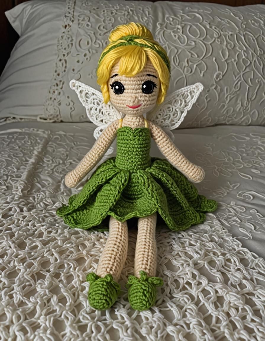 Crocheted Tinkerbell Doll in Whimsical Bedtime Scene