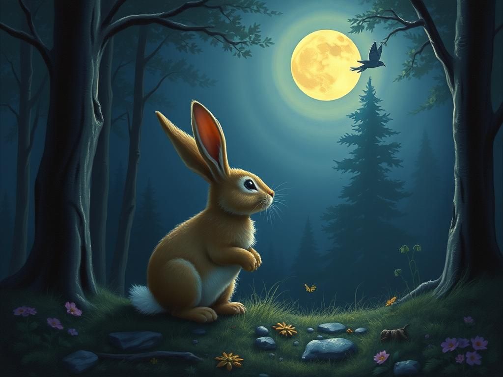 Bunny Gazing at Moon in Dark Forest
