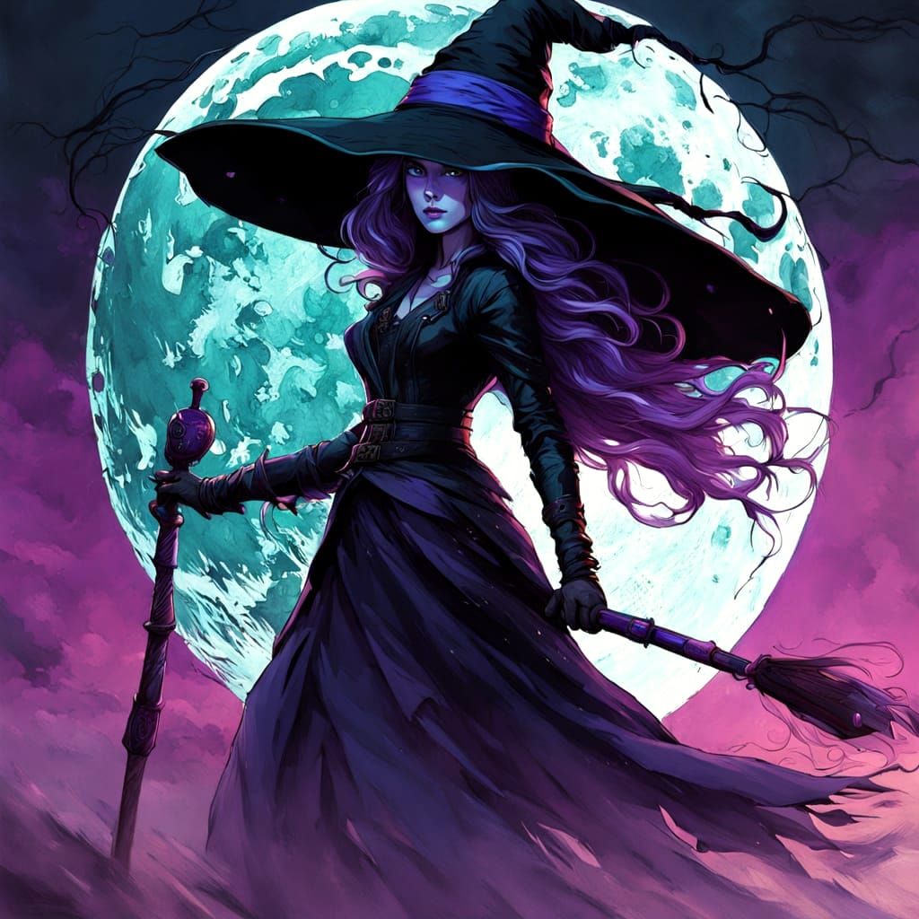 Witch Flying on Broom with Cat Under Full Moon