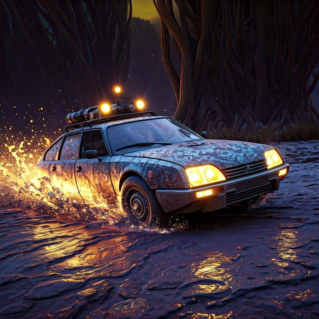 Dark Fantasy Armored Battletank Drifting over Mystical Mudla...