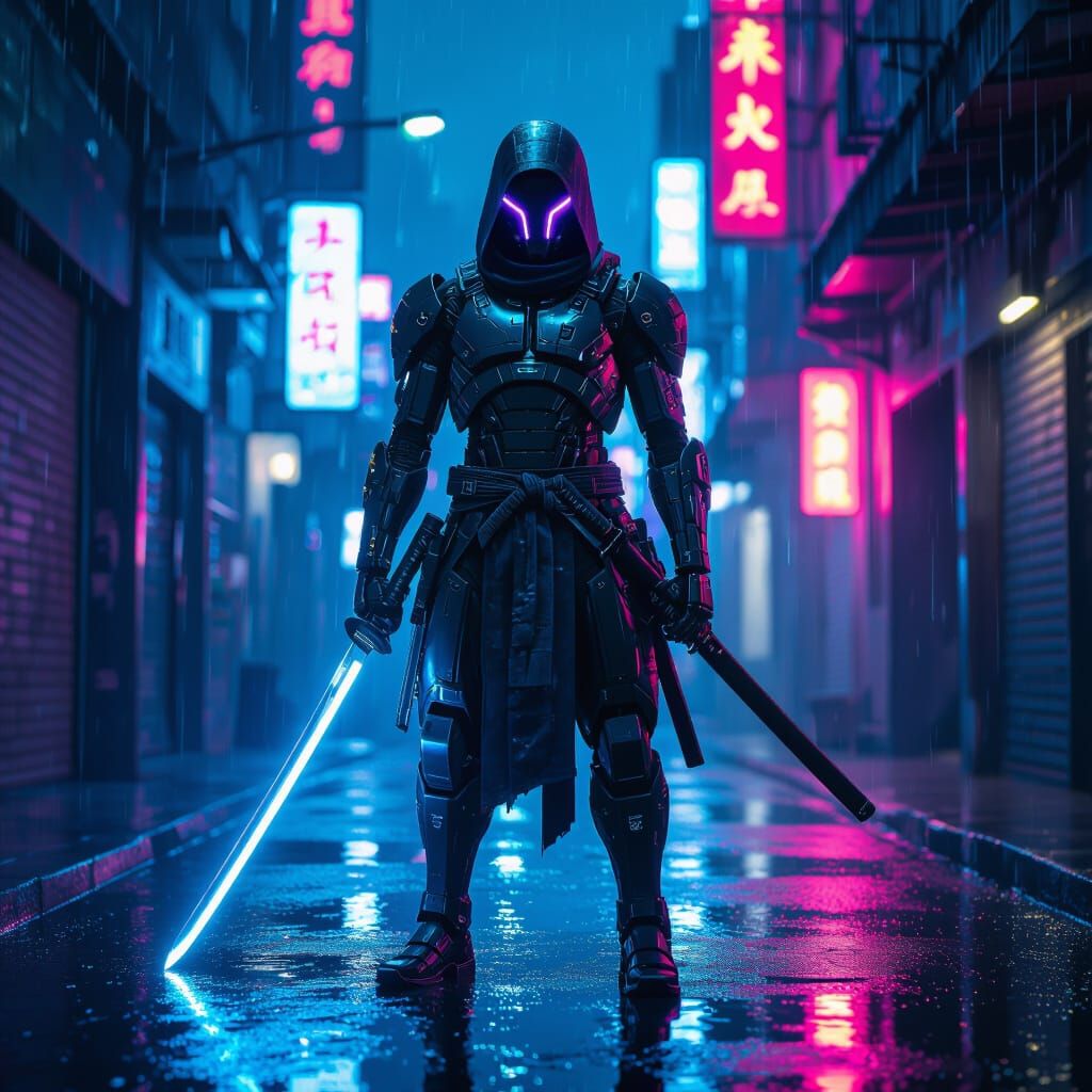 Cyberpunk Robotic Ninja in Neon Alley