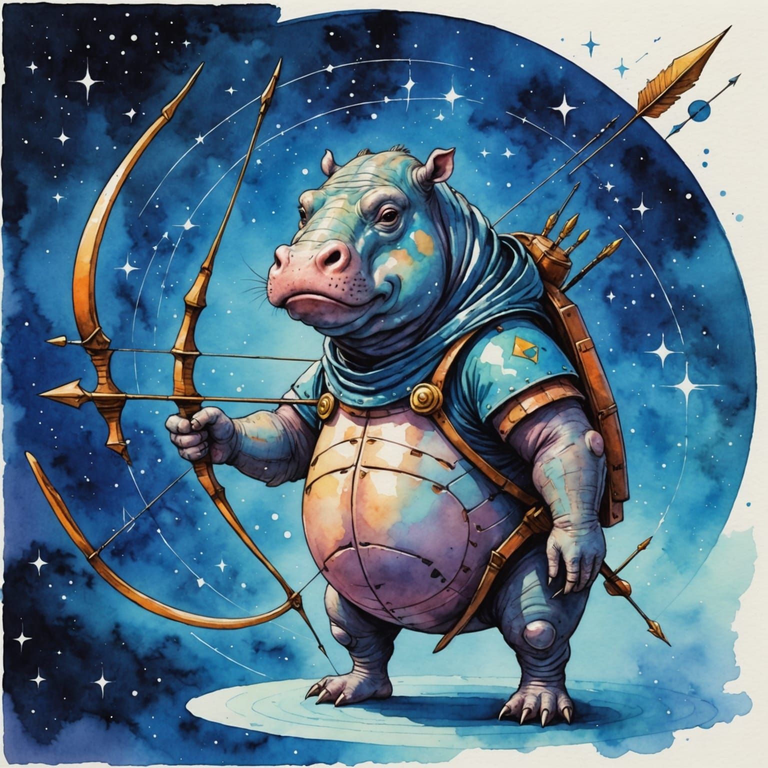 Cyberpunk Archer Battles Saturn in Cosmic Watercolor