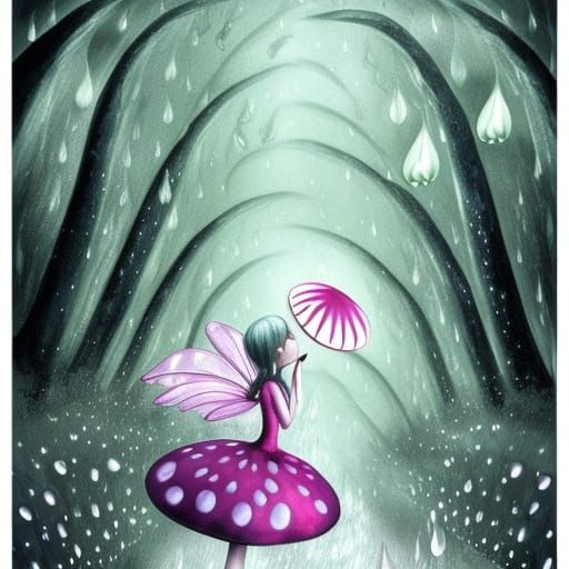 Rain Fairy in Mushroom Forest, Watercolor Art
