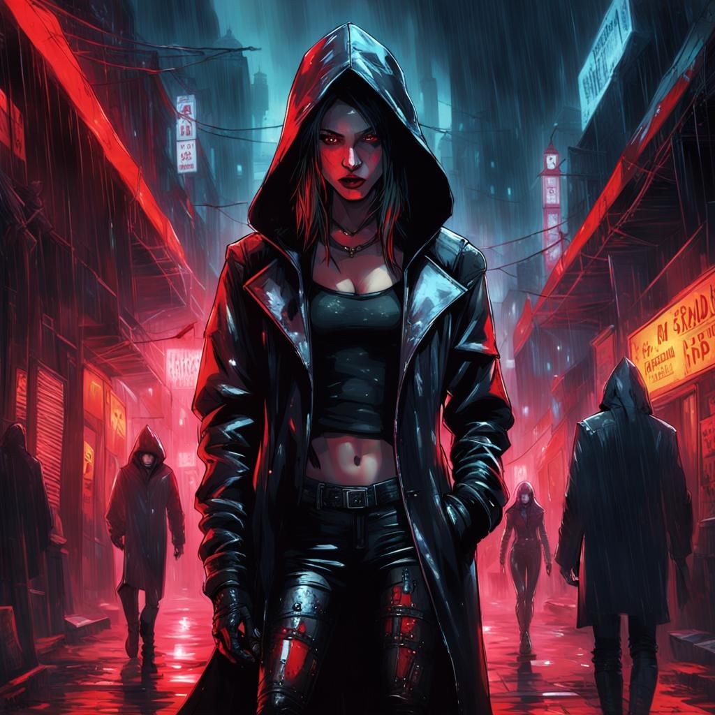 Cyberpunk Woman in Bloody Alley with Neon Hood