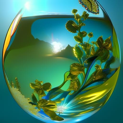 Blue Glass Butterfly on Roses in Orb