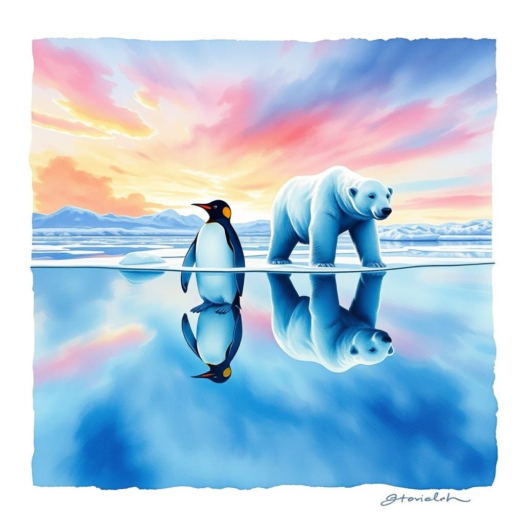 Surreal Penguin in Summer Sky with Polar Bear