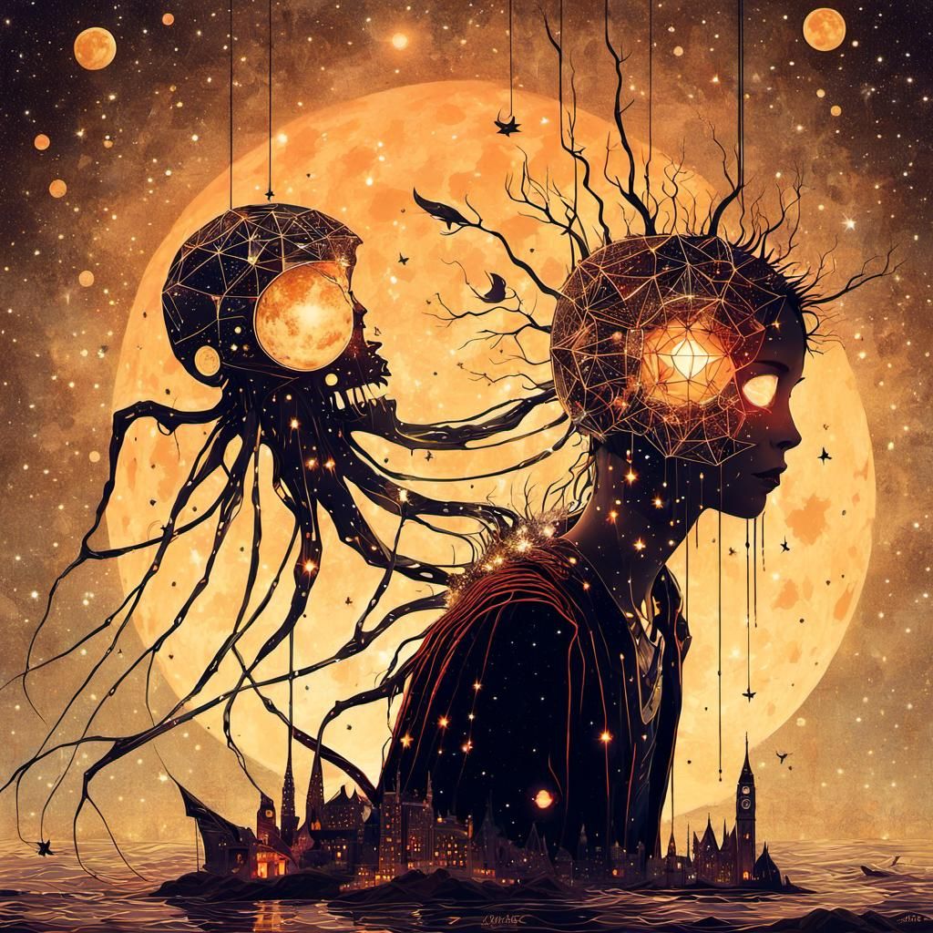 Surreal Creature Consumes Figure Under Starry Sky