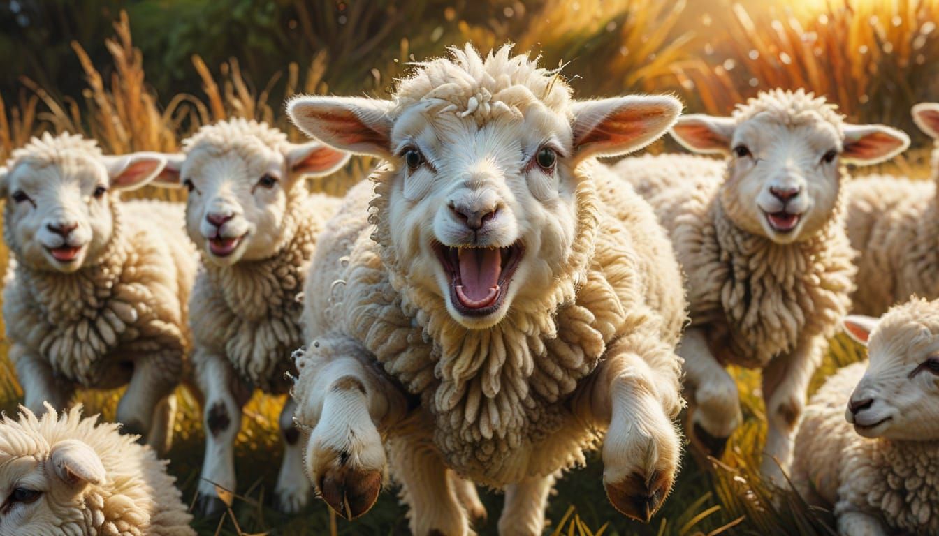 Hyperrealistic Lamb Jumping Over Flock in Splash Art